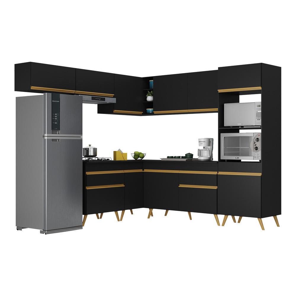 Armário de Cozinha Completa de Canto Veneza Multimóveis V2070  Preto/Dourado