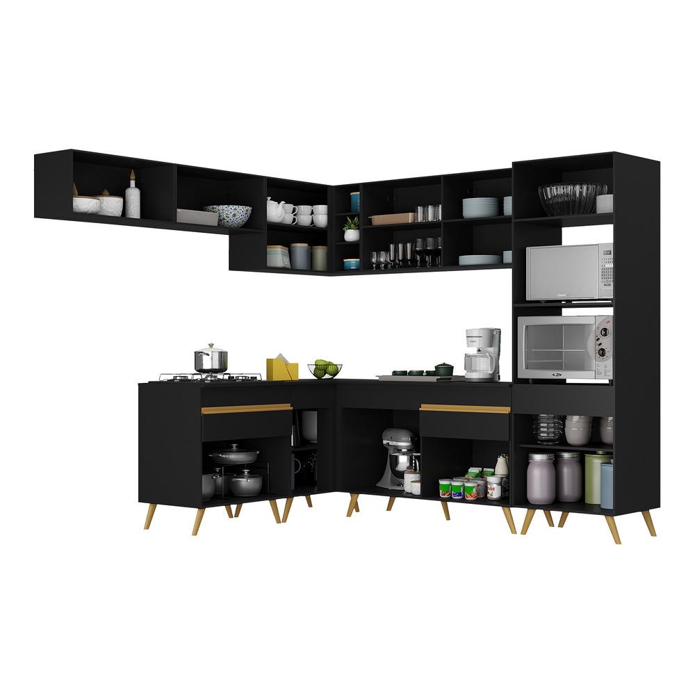 Armário de Cozinha Completa de Canto Veneza Multimóveis V2070  Preto/Dourado