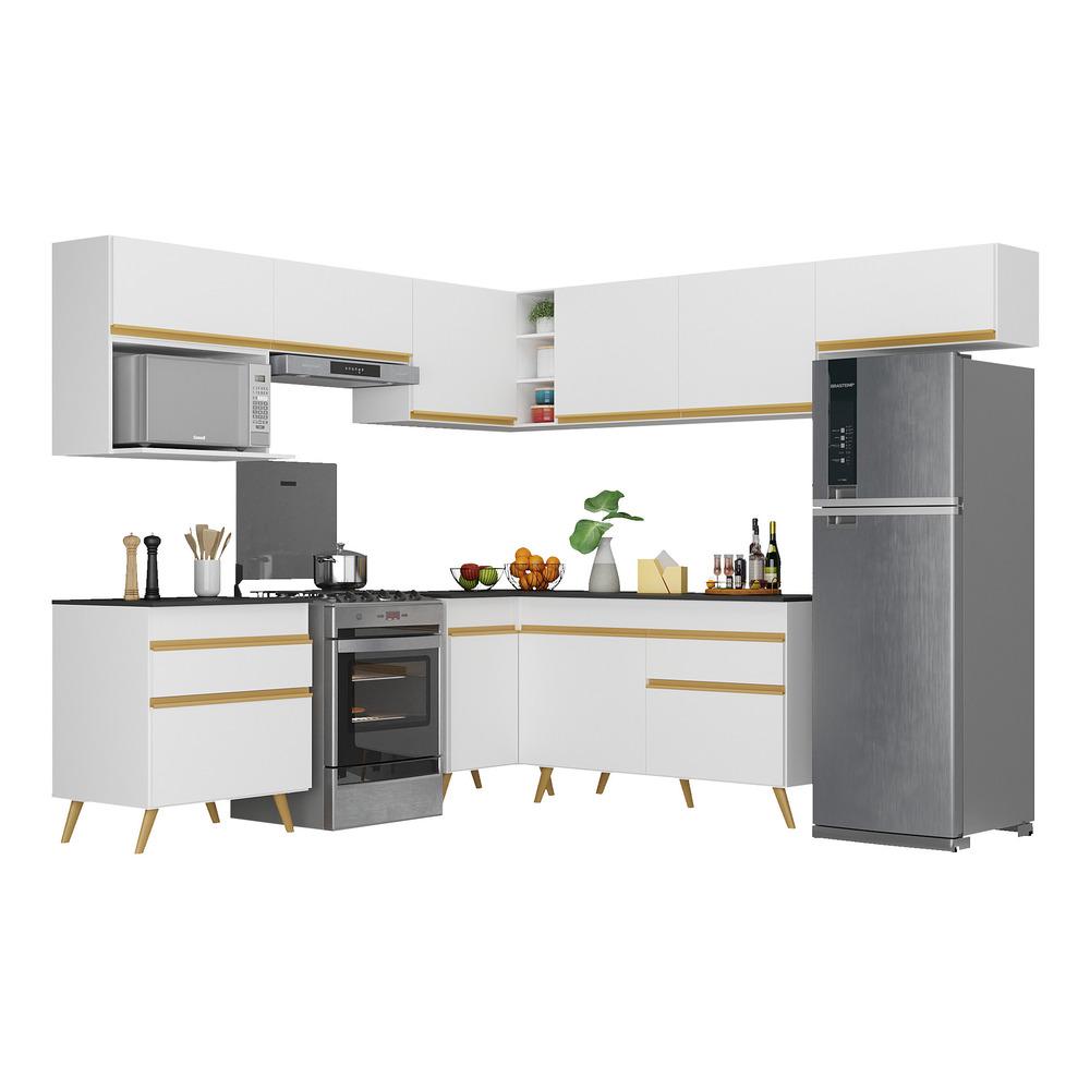Armário de Cozinha Completa de Canto Veneza Multimóveis V2071  Branco/Dourado
