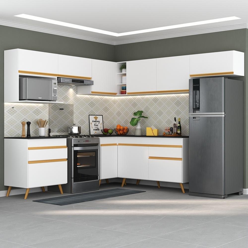 Armário de Cozinha Completa de Canto Veneza Multimóveis V2071  Branco/Dourado