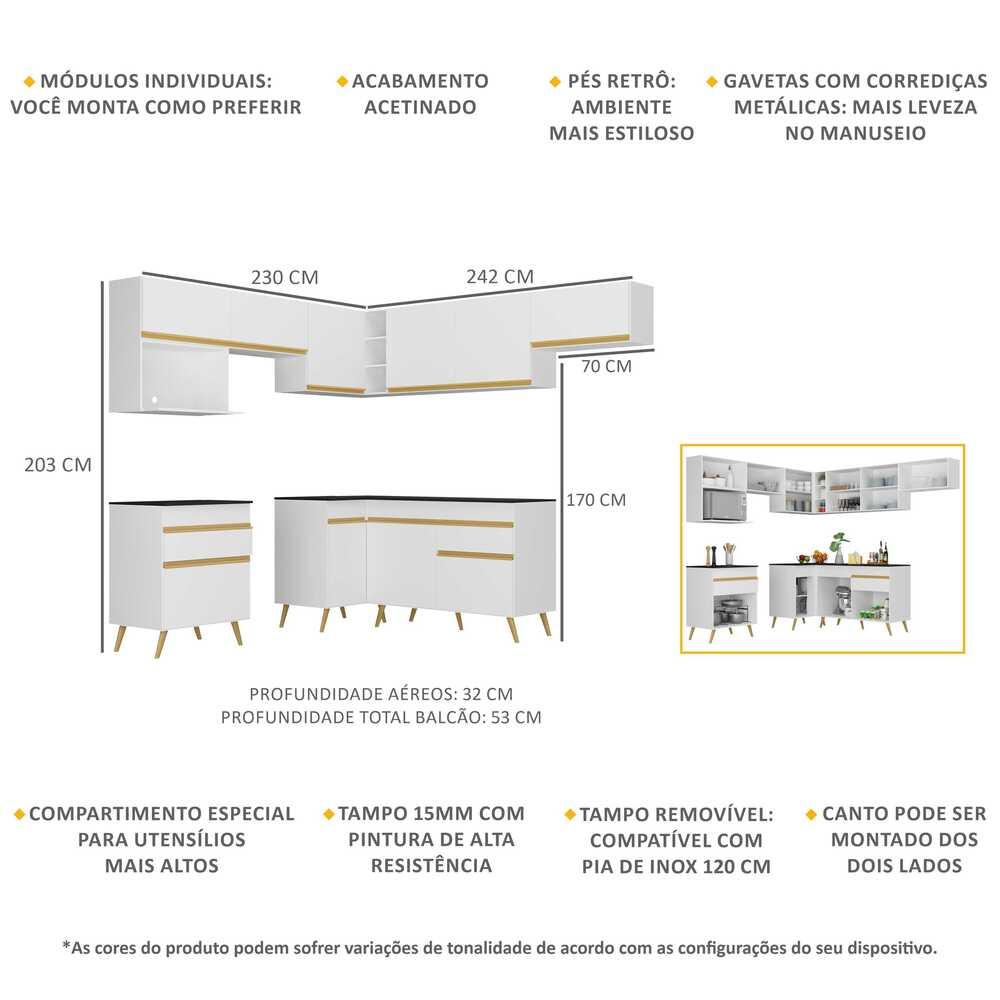 Armário de Cozinha Completa de Canto Veneza Multimóveis V2071  Branco/Dourado