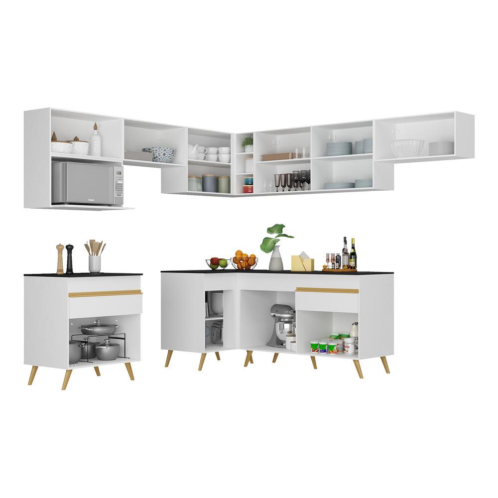 Armário de Cozinha Completa de Canto Veneza Multimóveis V2071  Branco/Dourado