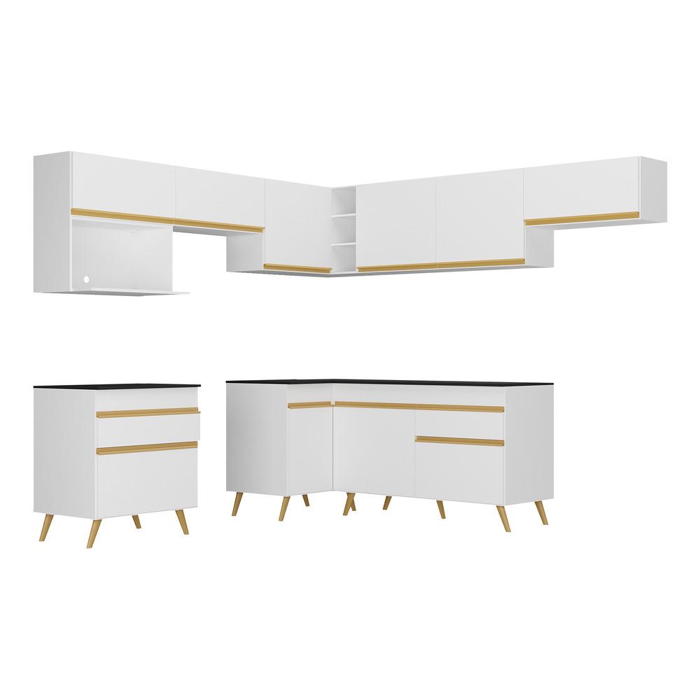 Armário de Cozinha Completa de Canto Veneza Multimóveis V2071  Branco/Dourado