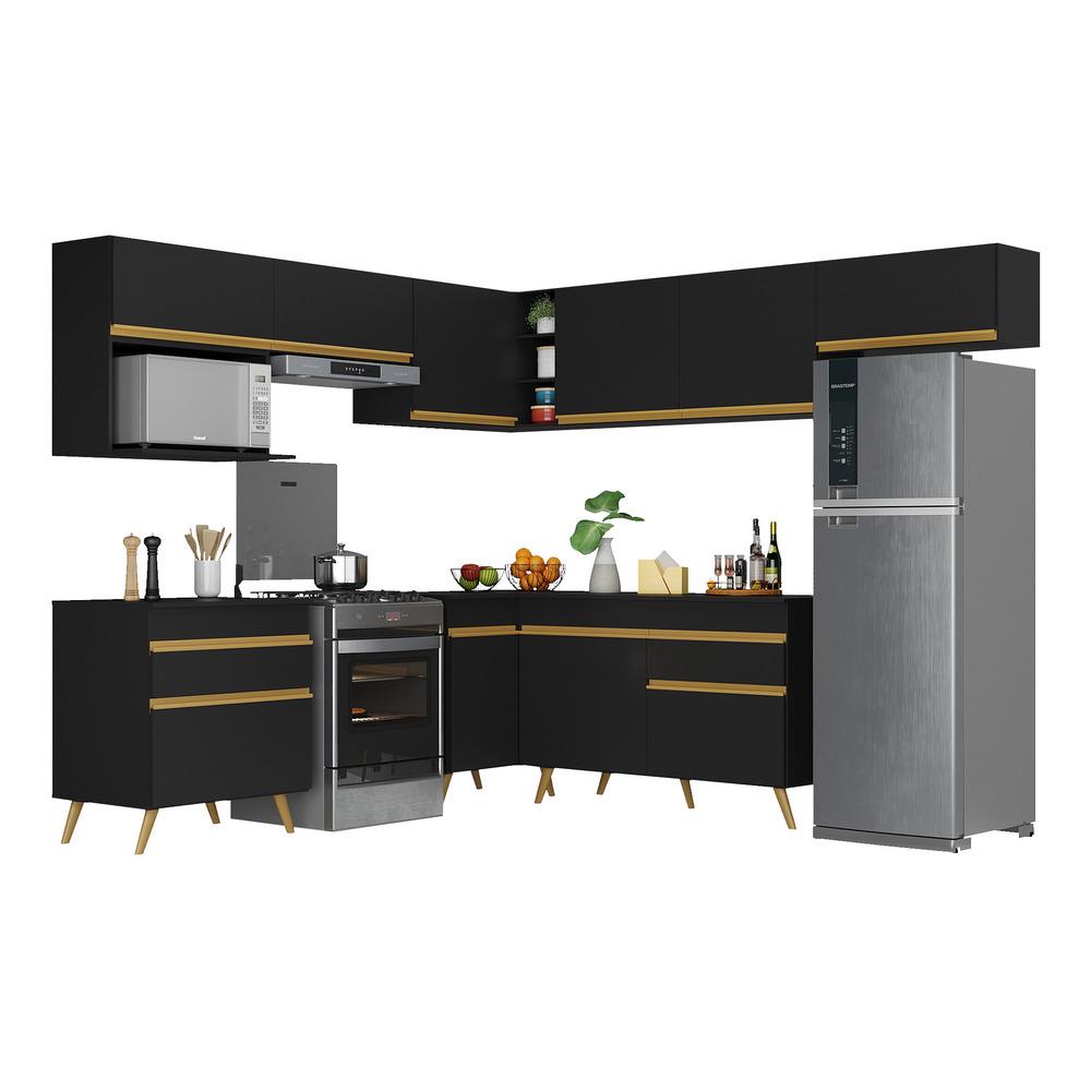 Armário de Cozinha Completa de Canto Veneza Multimóveis V2071  Preto/Dourado