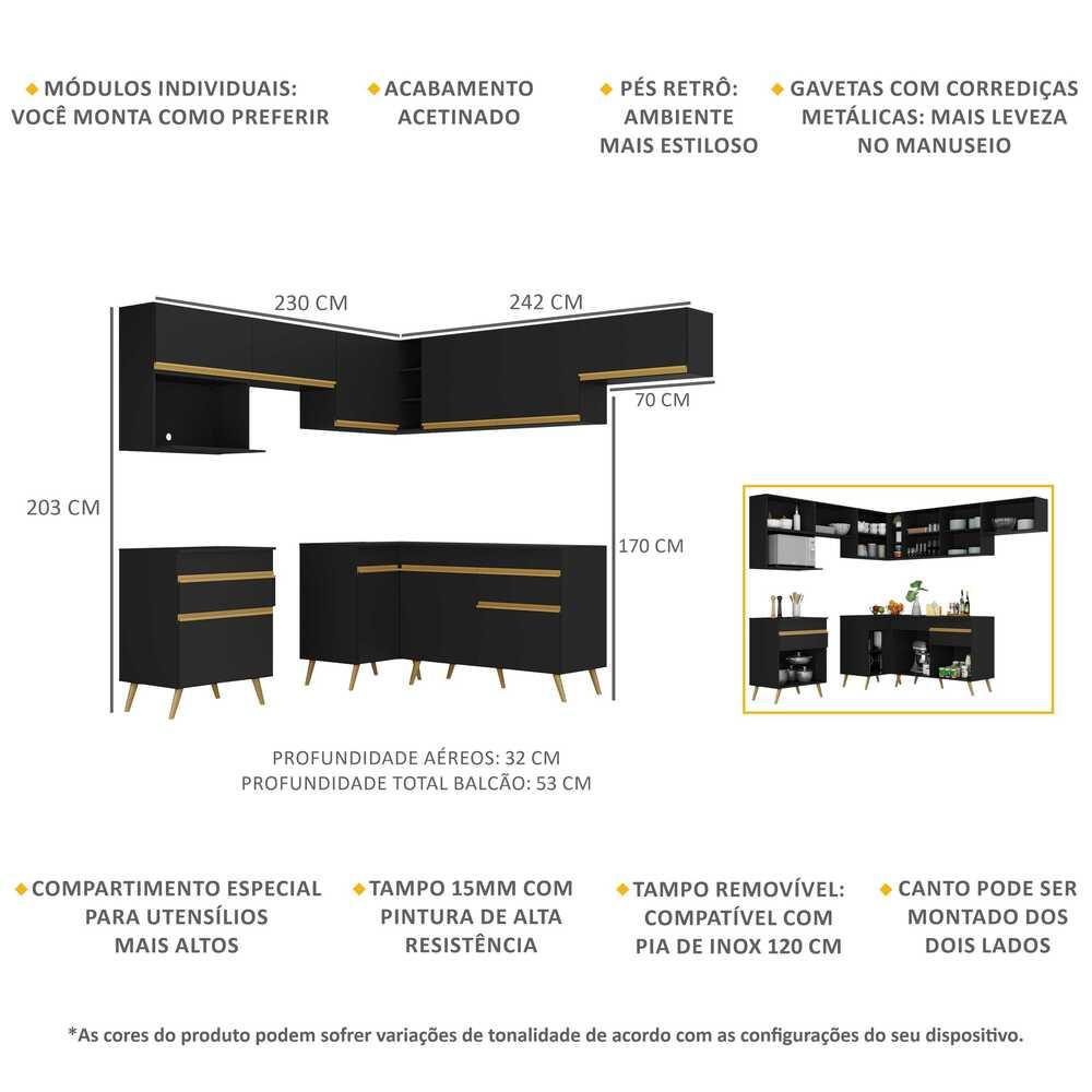 Armário de Cozinha Completa de Canto Veneza Multimóveis V2071  Preto/Dourado