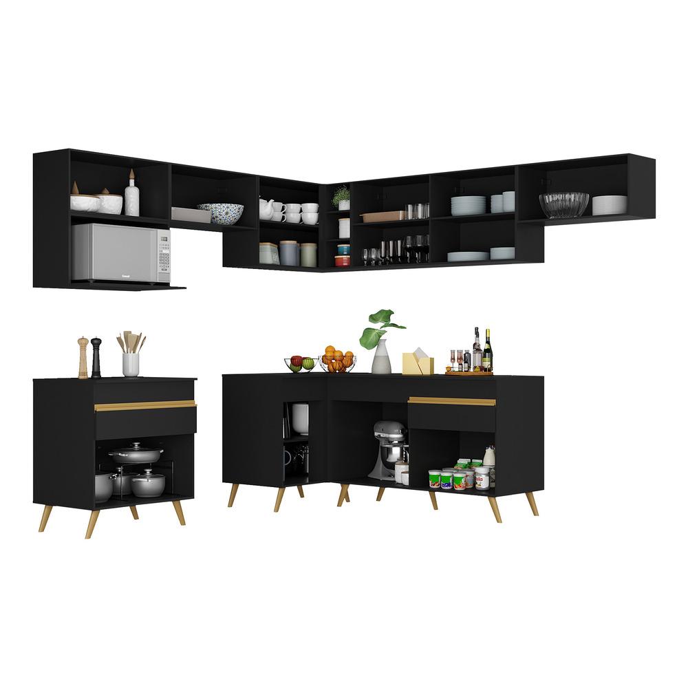 Armário de Cozinha Completa de Canto Veneza Multimóveis V2071  Preto/Dourado