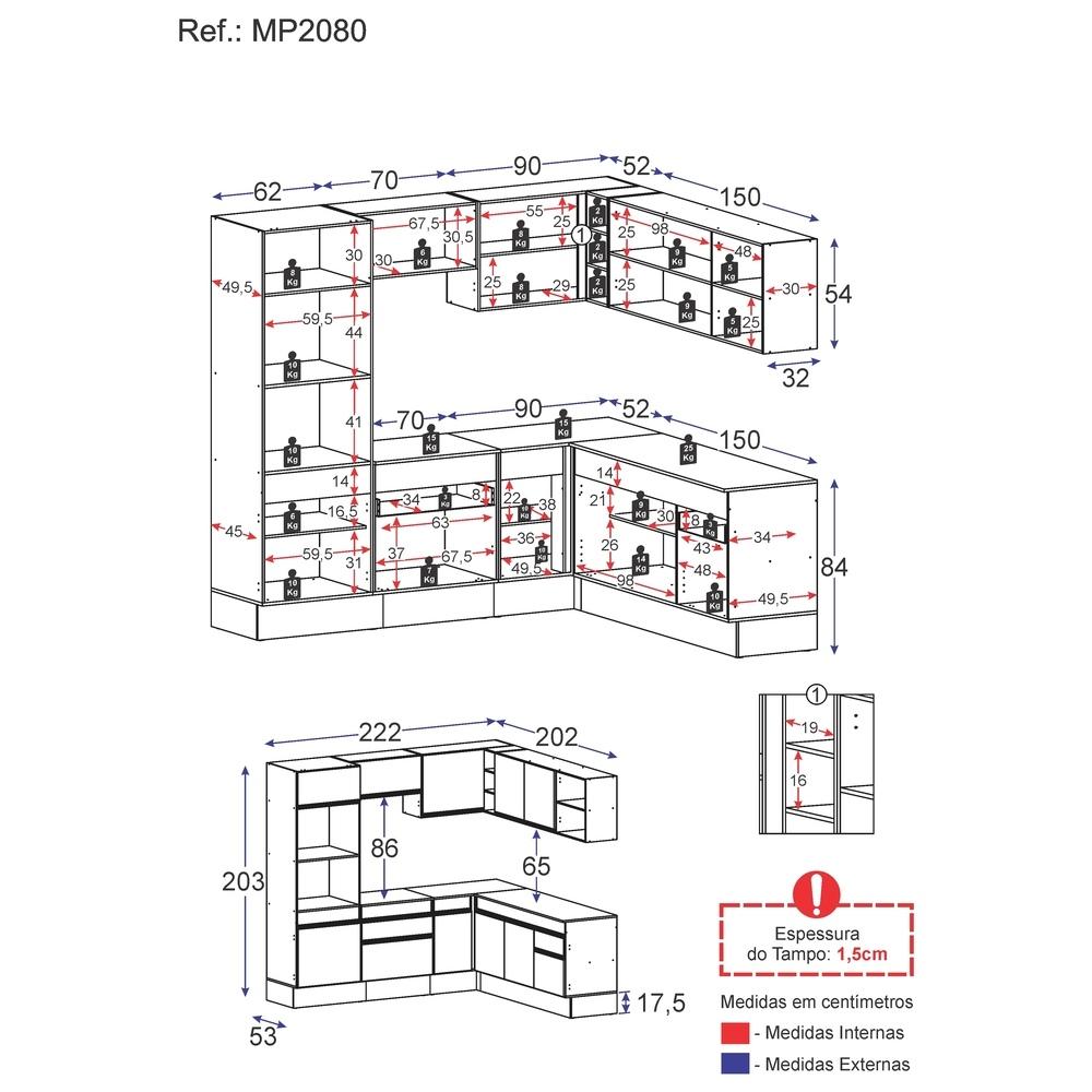 Armário de Cozinha Completa de Canto com Rodapé Veneza Multimóveis MP2080.891 Branco