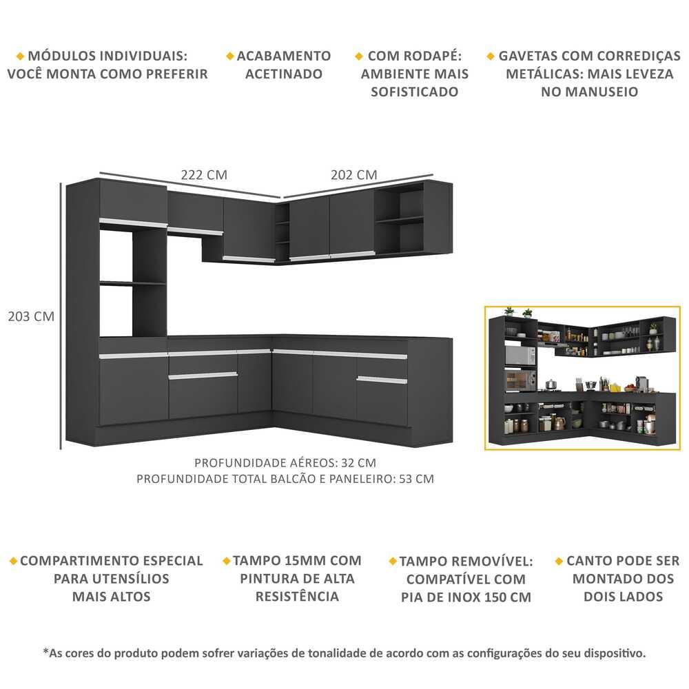 Armário de Cozinha Completa de Canto com Rodapé Veneza Multimóveis MP2080.898 Preto/Branco