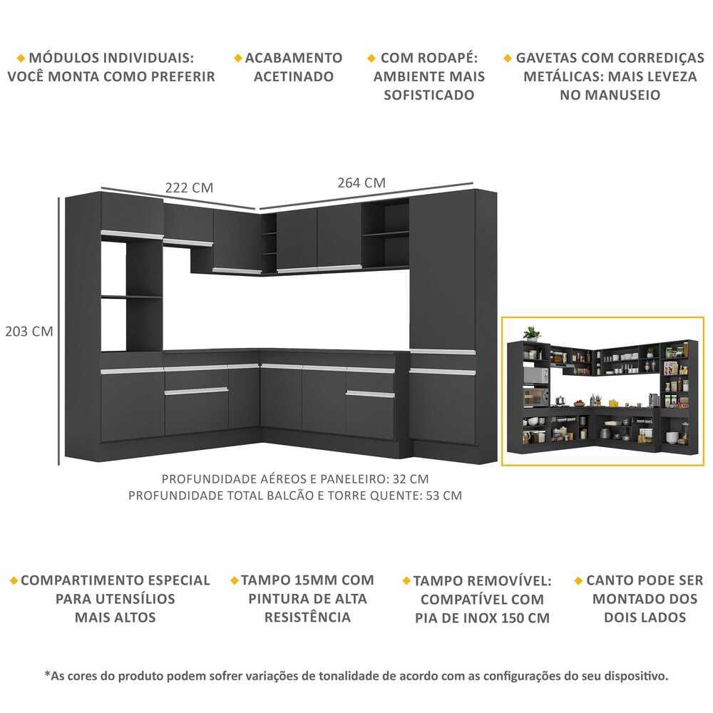 Armário de Cozinha Completa de Canto com Rodapé Veneza Multimóveis MP2082.898 Preto/Branco
