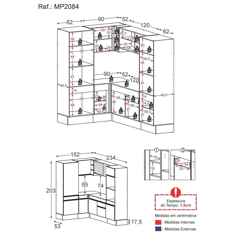 Armário de Cozinha Completa de Canto com Rodapé Veneza Multimóveis MP2084.891 Branco