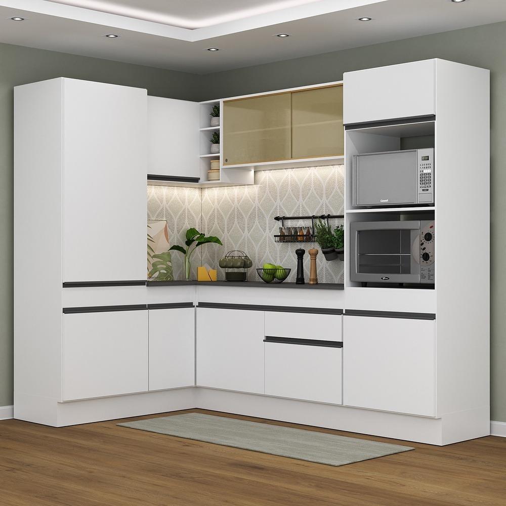 Armário de Cozinha Completa de Canto com Rodapé Veneza Multimóveis MP2084.964 Branco/Preto