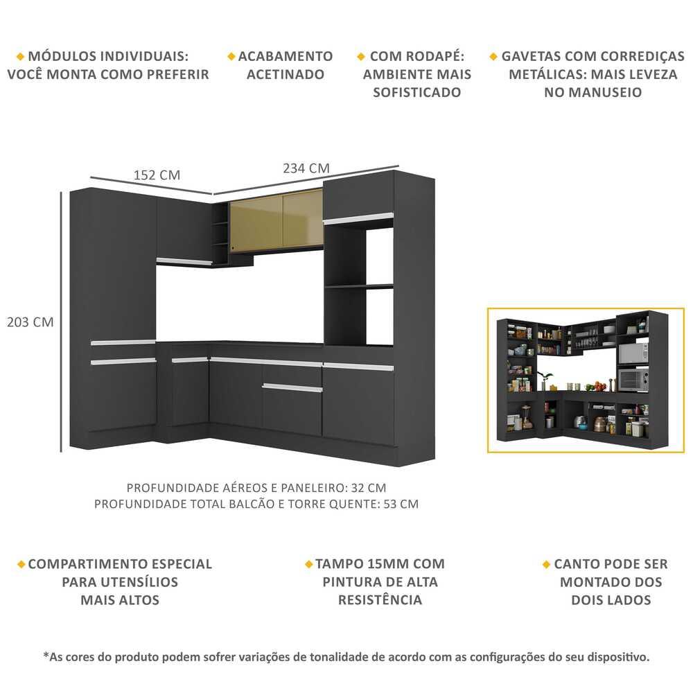 Armário de Cozinha Completa de Canto com Rodapé Veneza Multimóveis MP2085.898 Preto/Branco