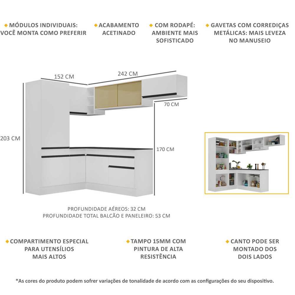 Armário de Cozinha Completa de Canto com Rodapé Veneza Multimóveis MP2086.964 Branco/Preto