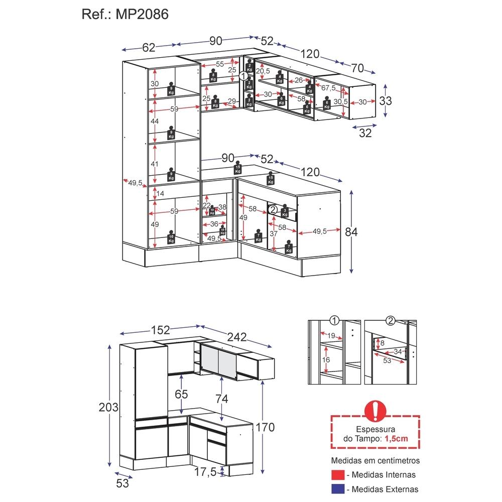 Armário de Cozinha Completa de Canto com Rodapé Veneza Multimóveis MP2086.964 Branco/Preto