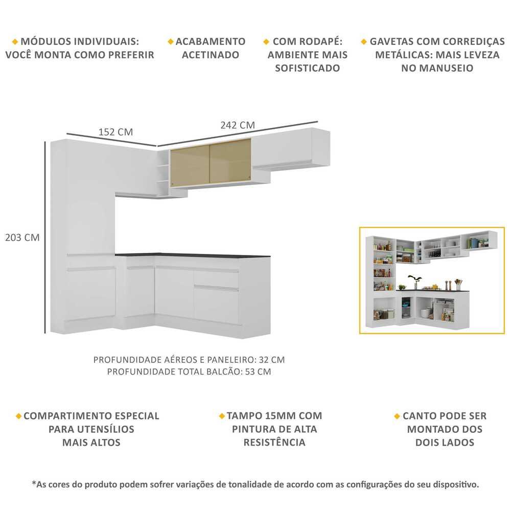 Armário de Cozinha Completa de Canto com Rodapé Veneza Multimóveis MP2087.891 Branco