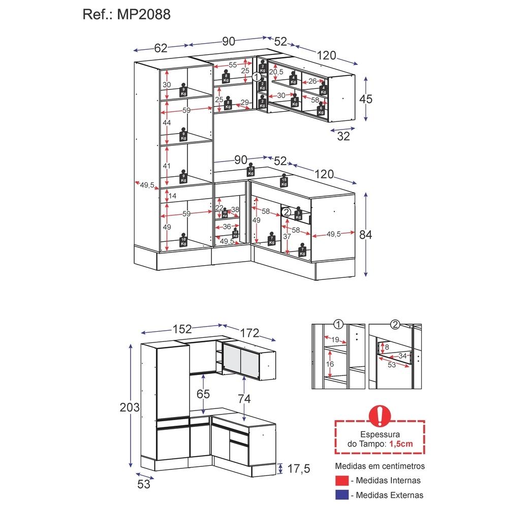 Armário de Cozinha Completa de Canto com Rodapé Veneza Multimóveis MP2088.891 Branco