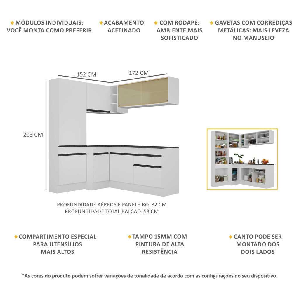 Armário de Cozinha Completa de Canto com Rodapé Veneza Multimóveis MP2089.964 Branco/Preto