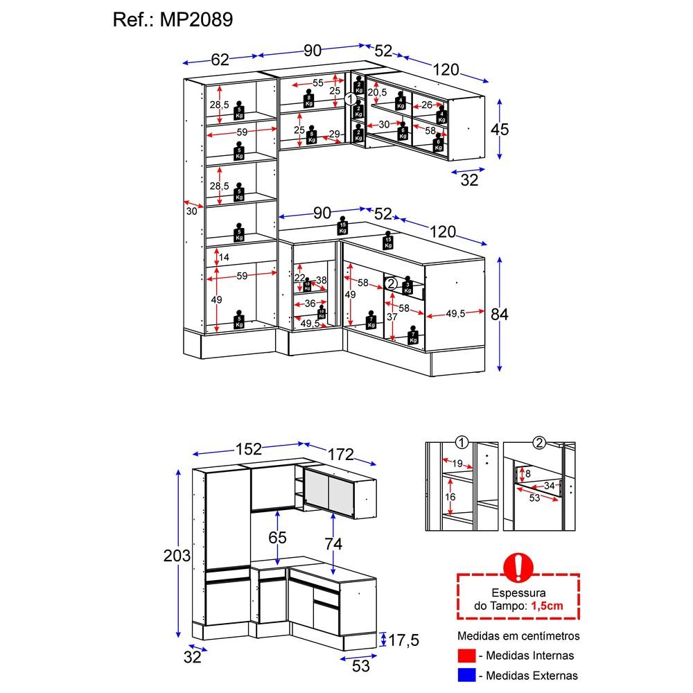 Armário de Cozinha Completa de Canto com Rodapé Veneza Multimóveis MP2089.964 Branco/Preto