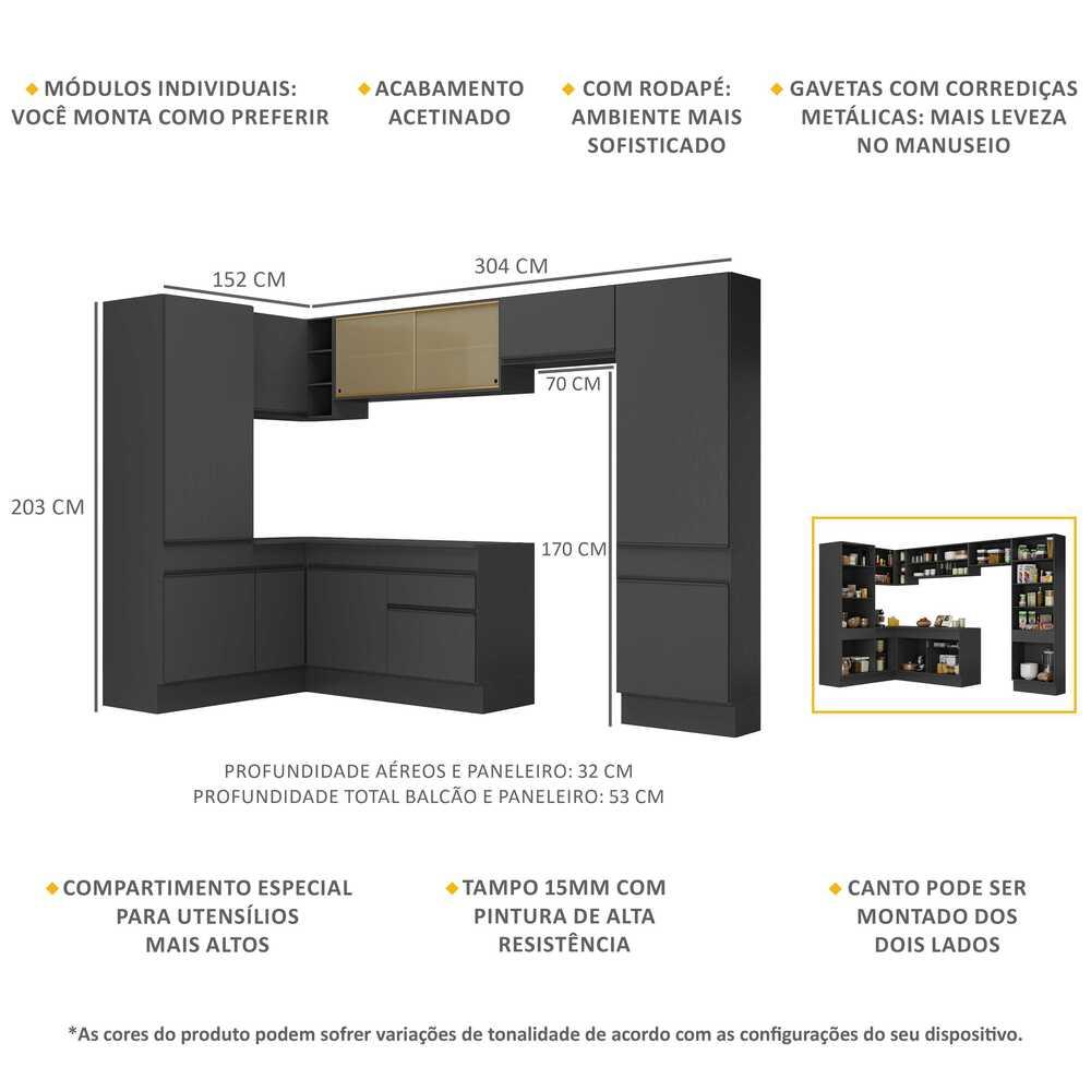 Armário de Cozinha Completa de Canto com Rodapé Veneza Multimóveis MP2090.895 Preto