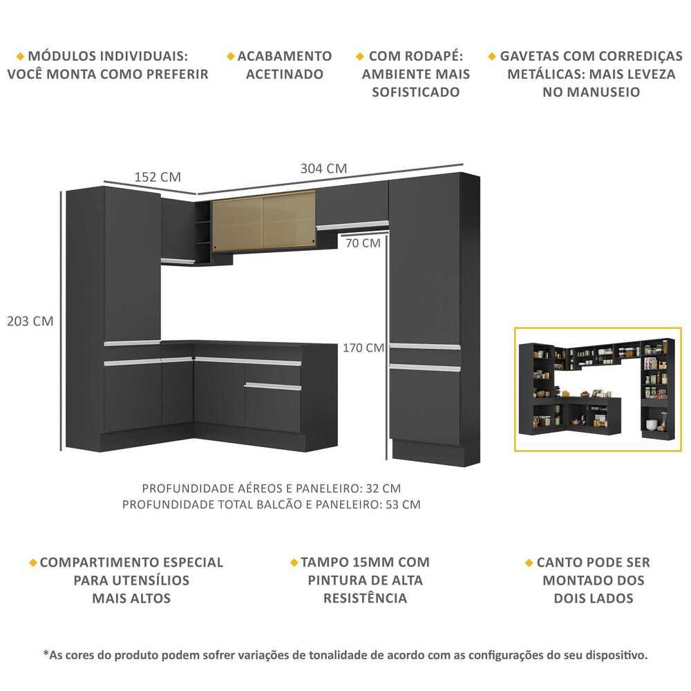 Armário de Cozinha Completa de Canto com Rodapé Veneza Multimóveis MP2090.898 Preto/Branco