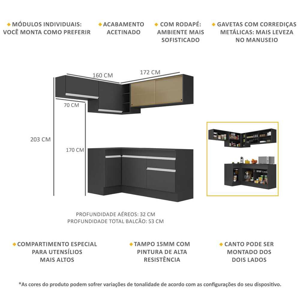 Armário de Cozinha Completa de Canto com Rodapé Veneza Multimóveis MP2094.898 Preto/Branco