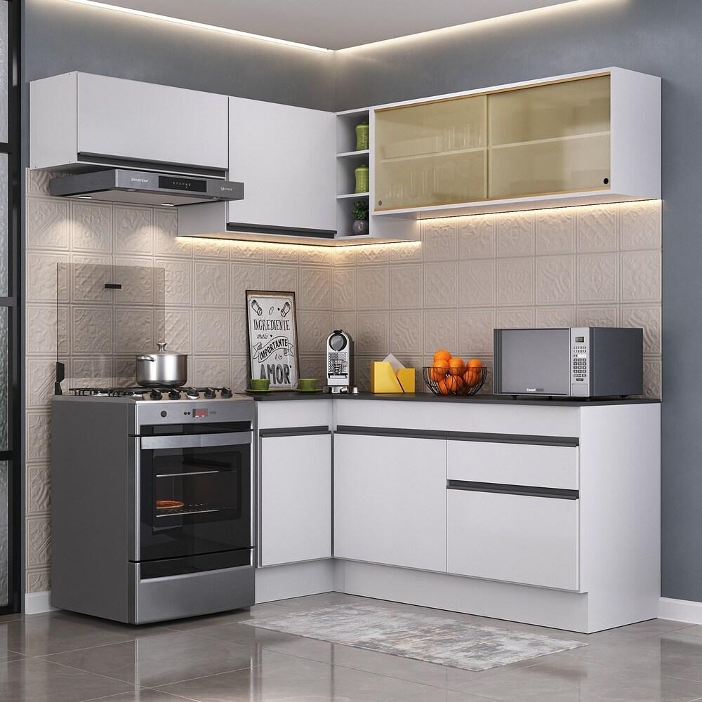 Armário de Cozinha Completa de Canto com Rodapé Veneza Multimóveis MP2094.964 Branco/Preto