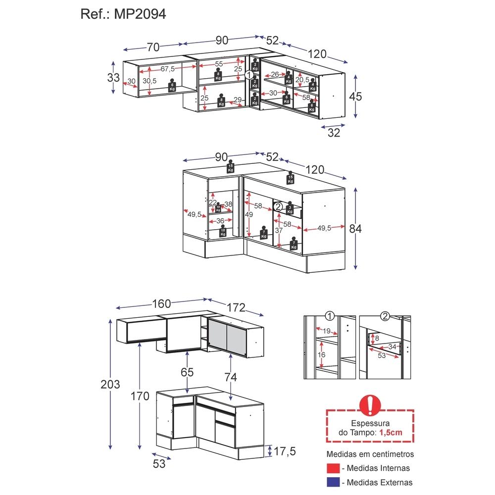 Armário de Cozinha Completa de Canto com Rodapé Veneza Multimóveis MP2094.964 Branco/Preto