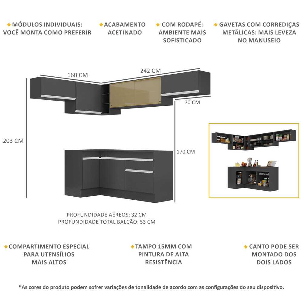 Armário de Cozinha Completa de Canto com Rodapé Veneza Multimóveis MP2095.898 Preto/Branco