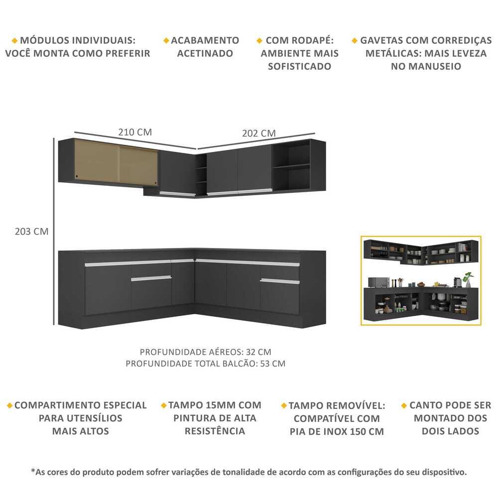 Armário de Cozinha Completa de Canto com Rodapé Veneza Multimóveis MP2096.898 Preto/Branco