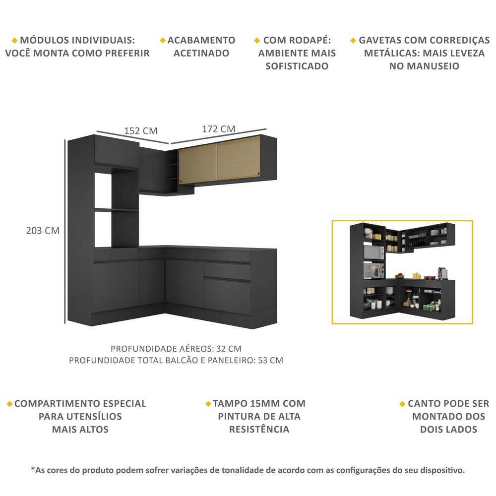Armário de Cozinha Completa de Canto com Rodapé Veneza Multimóveis MP2098.895 Preto