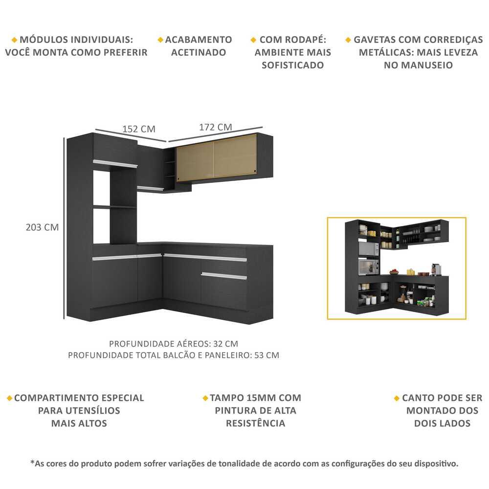 Armário de Cozinha Completa de Canto com Rodapé Veneza Multimóveis MP2098.898 Preto/Branco