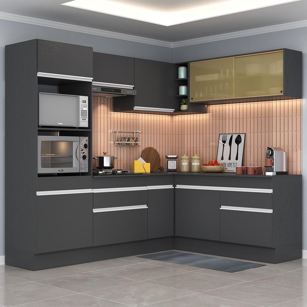 Armário de Cozinha Completa de Canto com Rodapé Veneza Multimóveis MP2099.898 Preto/Branco