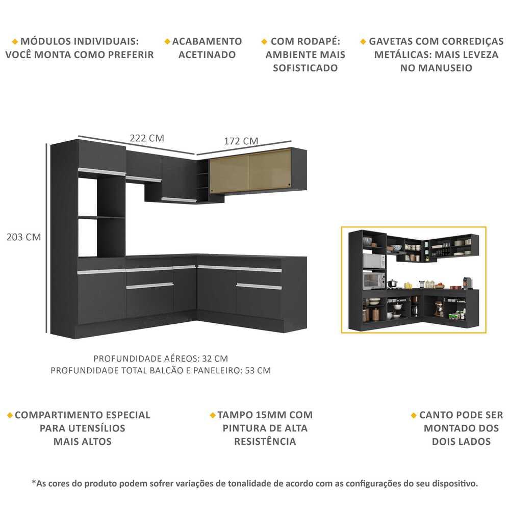 Armário de Cozinha Completa de Canto com Rodapé Veneza Multimóveis MP2099.898 Preto/Branco