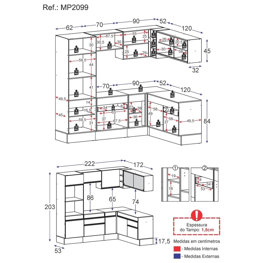 Armário de Cozinha Completa de Canto com Rodapé Veneza Multimóveis MP2099.898 Preto/Branco