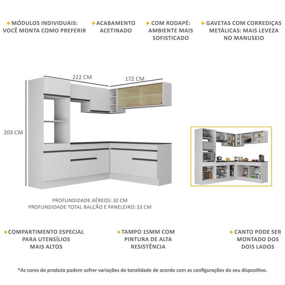 Armário de Cozinha Completa de Canto com Rodapé Veneza Multimóveis MP2099.964 Branco/Preto