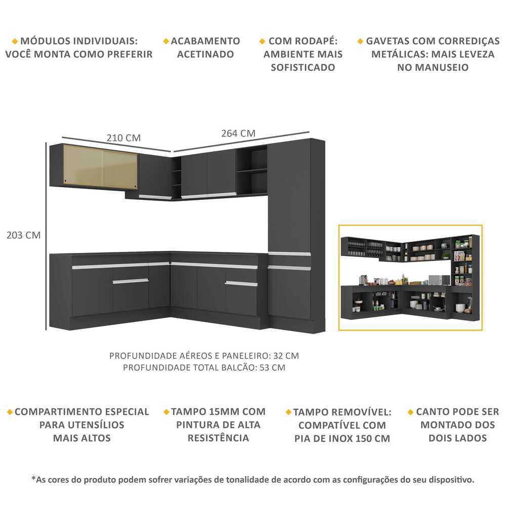Armário de Cozinha Completa de Canto com Rodapé Veneza Multimóveis MP2100.898 Preto/Branco