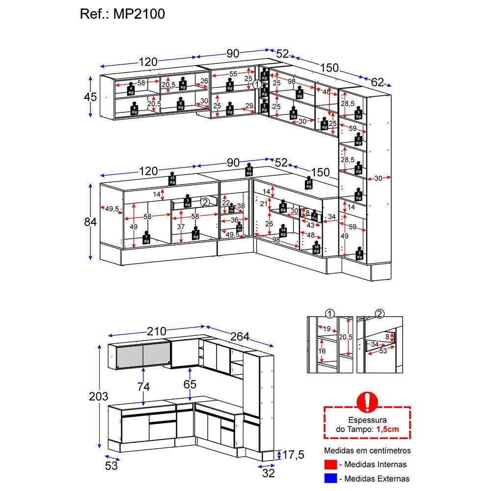 Armário de Cozinha Completa de Canto com Rodapé Veneza Multimóveis MP2100.898 Preto/Branco