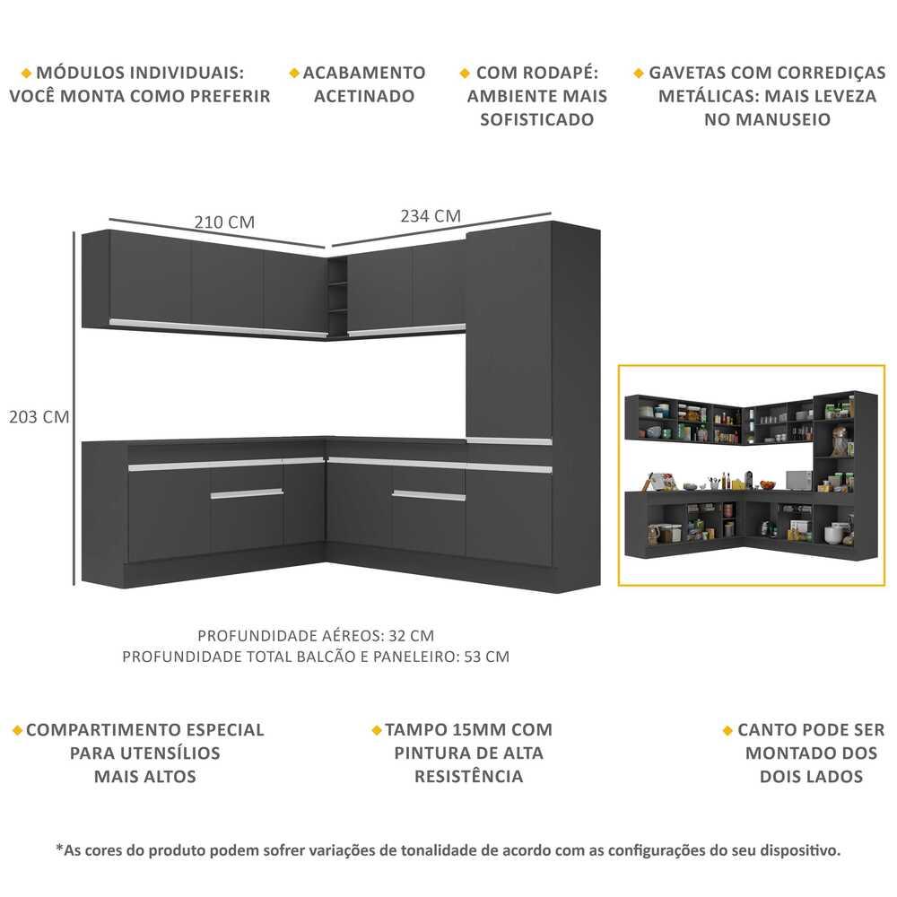 Armário de Cozinha Completa de Canto com Rodapé Veneza Multimóveis MP2101.898 Preto/Branco