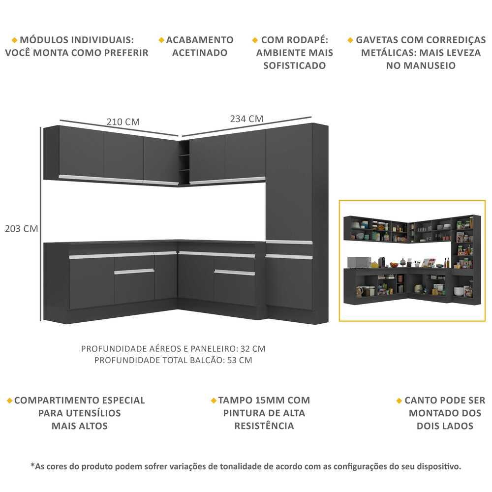 Armário de Cozinha Completa de Canto com Rodapé Veneza Multimóveis MP2102.898 Preto/Branco