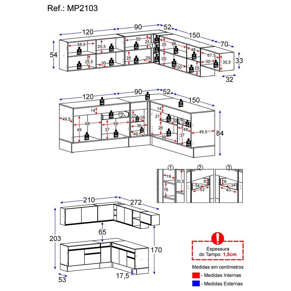 Armário de Cozinha Completa de Canto com Rodapé Veneza Multimóveis MP2103.964 Branco/Preto