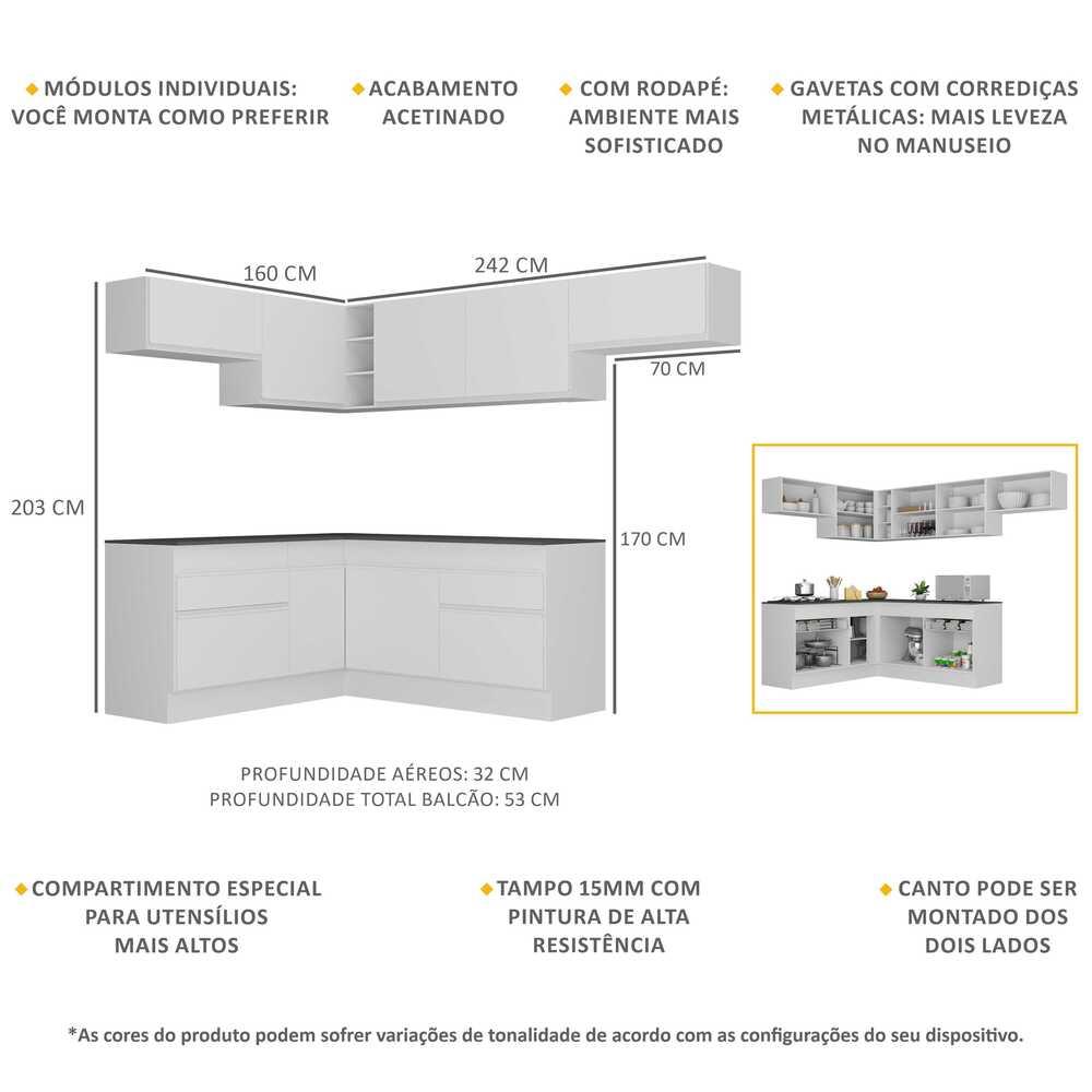 Armário de Cozinha Completa de Canto com Rodapé Veneza Multimóveis MP2104.891 Branco