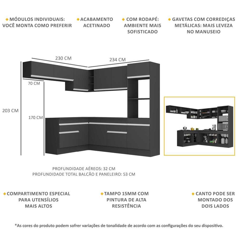 Armário de Cozinha Completa de Canto com Rodapé Veneza Multimóveis MP2105.898 Preto/Branco