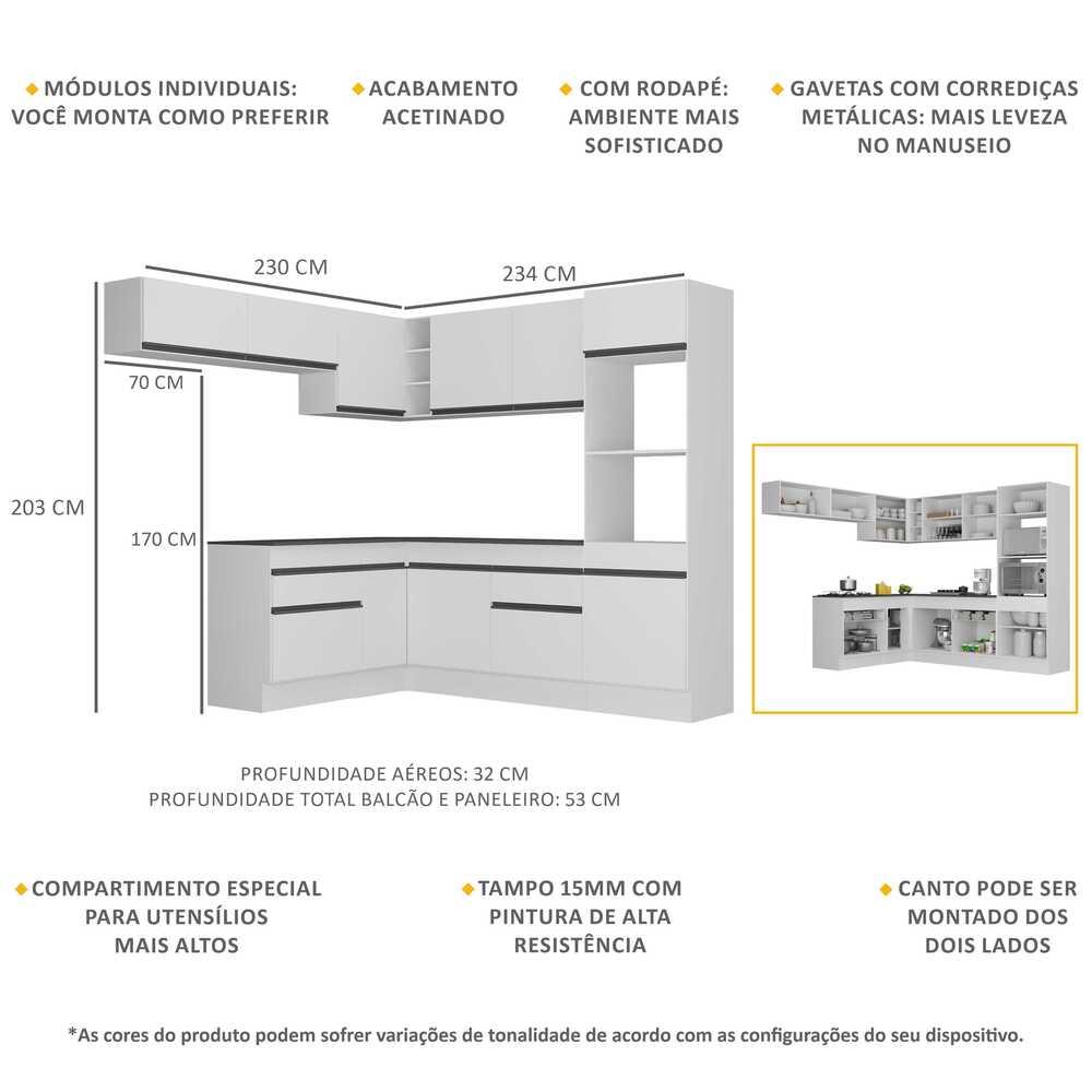 Armário de Cozinha Completa de Canto com Rodapé Veneza Multimóveis MP2105.964 Branco/Preto