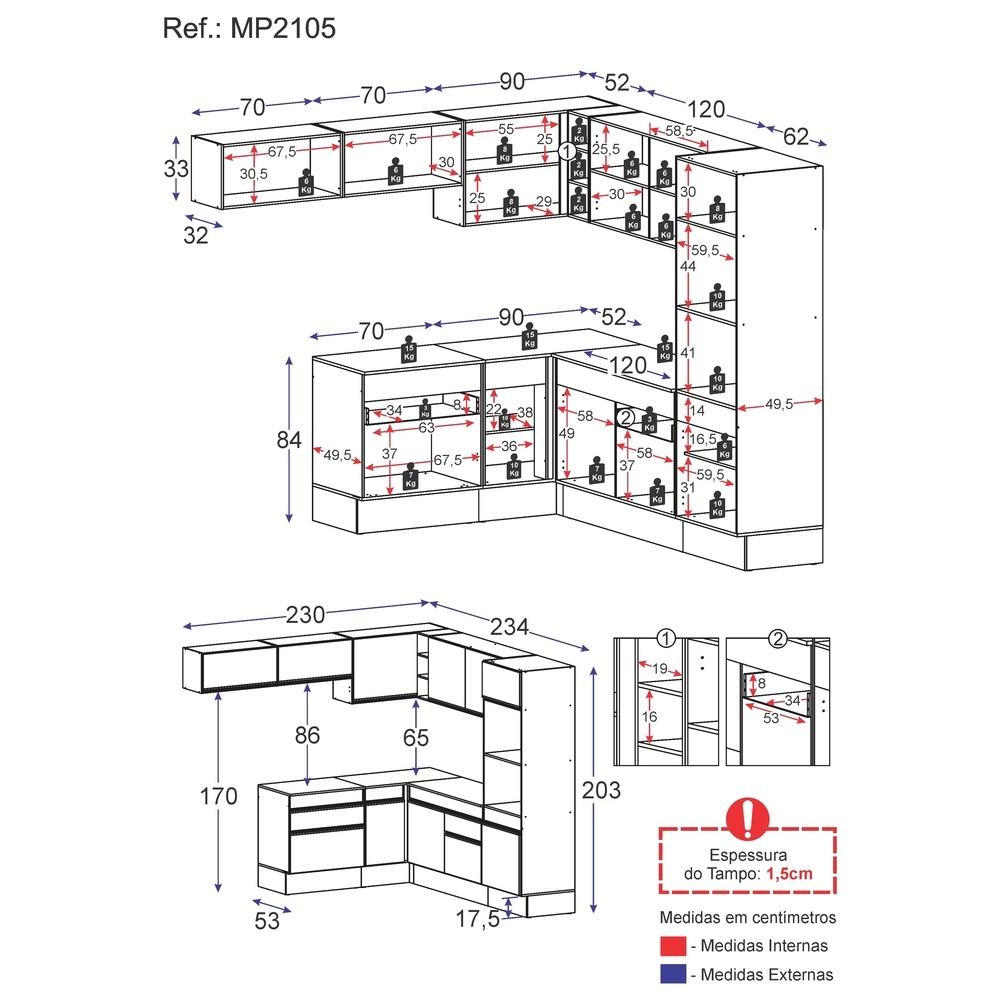 Armário de Cozinha Completa de Canto com Rodapé Veneza Multimóveis MP2105.964 Branco/Preto