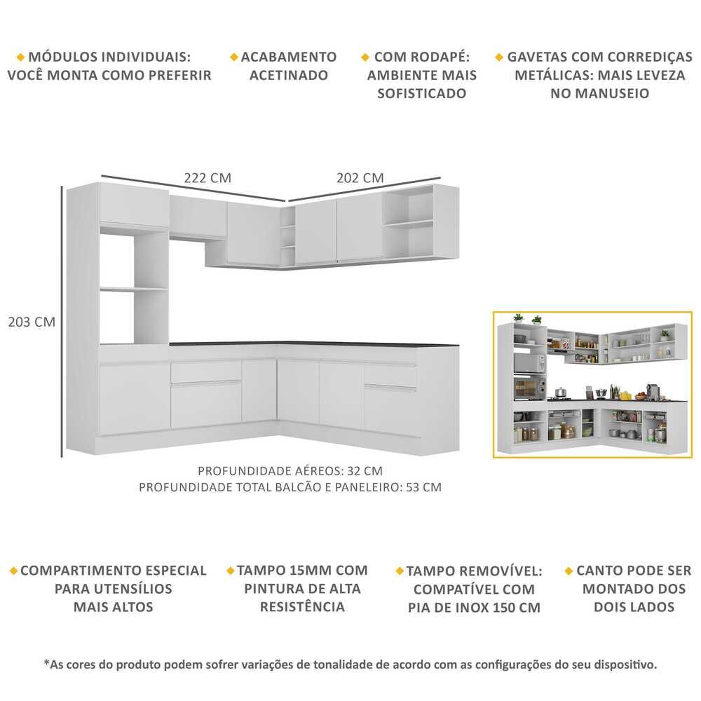 Armário de Cozinha Completa de Canto com Rodapé Veneza Multimóveis V2080  Branco