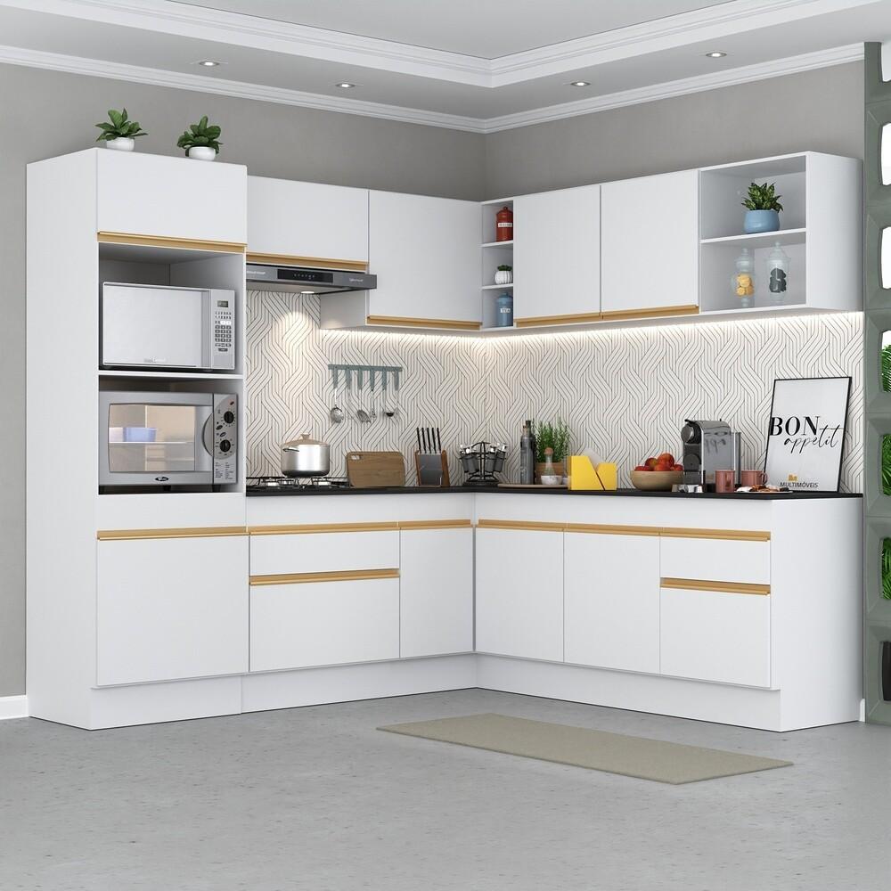 Armário de Cozinha Completa de Canto com Rodapé Veneza Multimóveis V2080  Branco/Dourado
