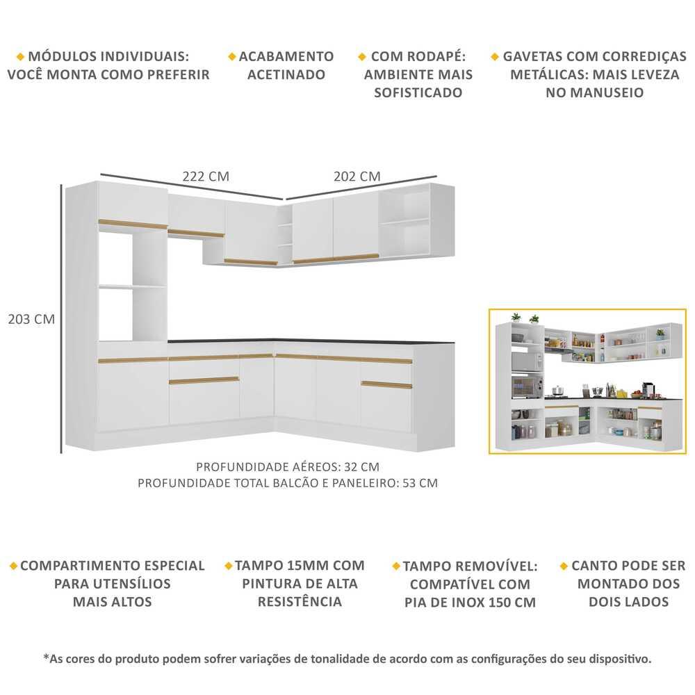 Armário de Cozinha Completa de Canto com Rodapé Veneza Multimóveis V2080  Branco/Dourado