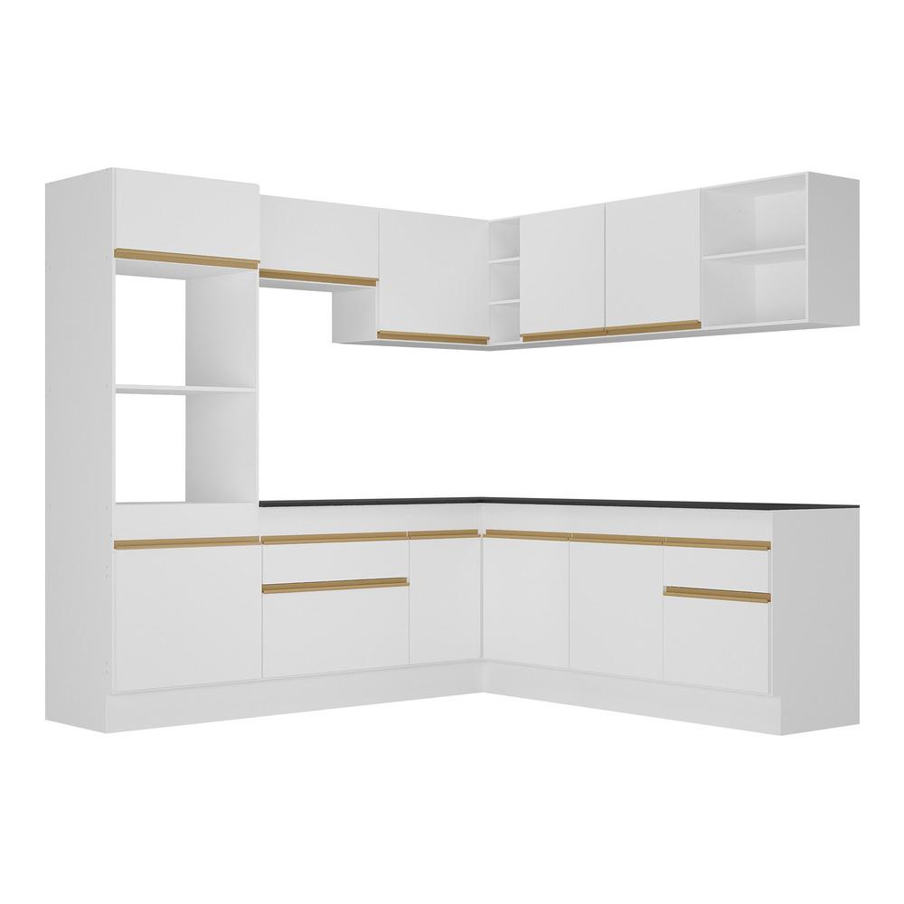 Armário de Cozinha Completa de Canto com Rodapé Veneza Multimóveis V2080  Branco/Dourado