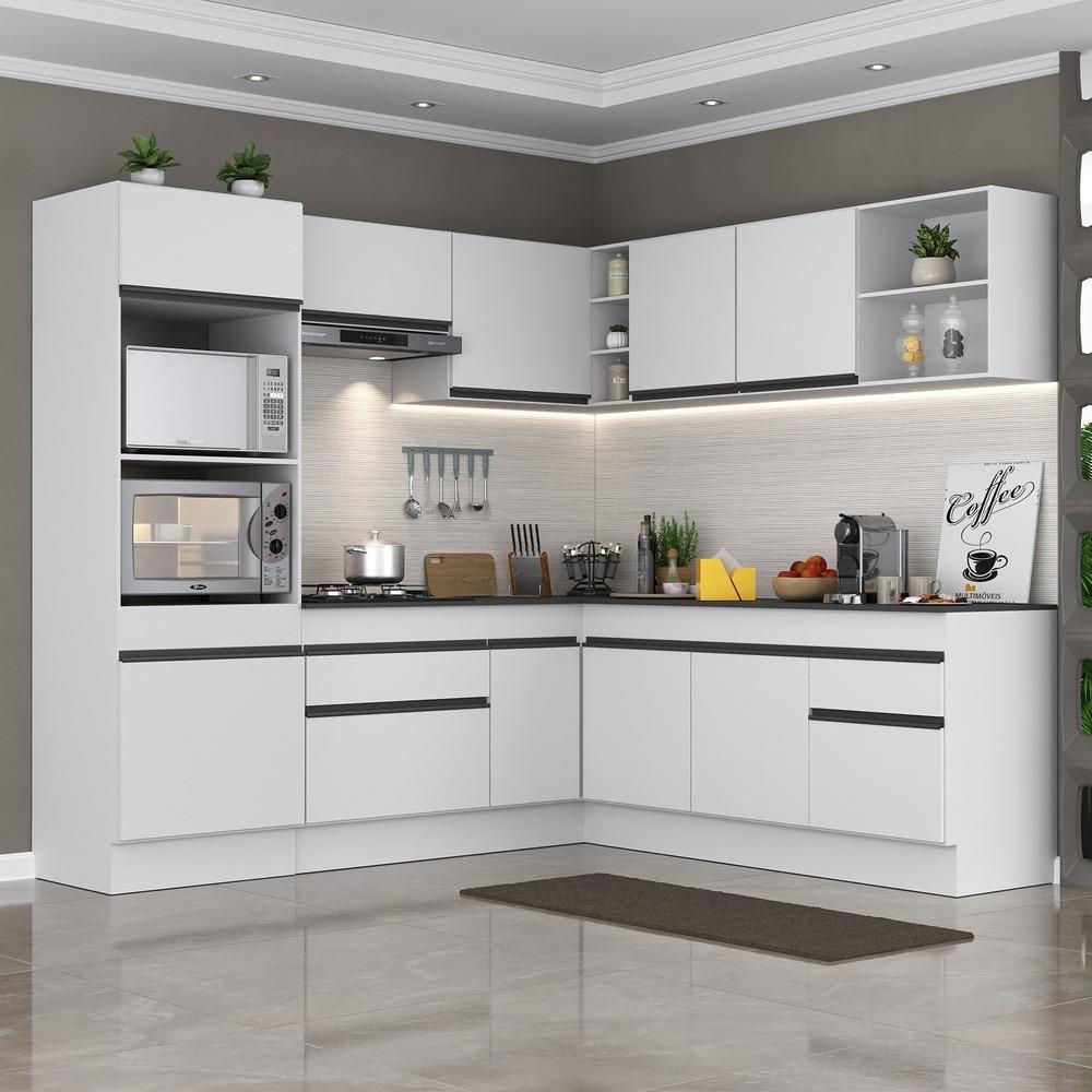 Armário de Cozinha Completa de Canto com Rodapé Veneza Multimóveis V2080  Branco/Preto