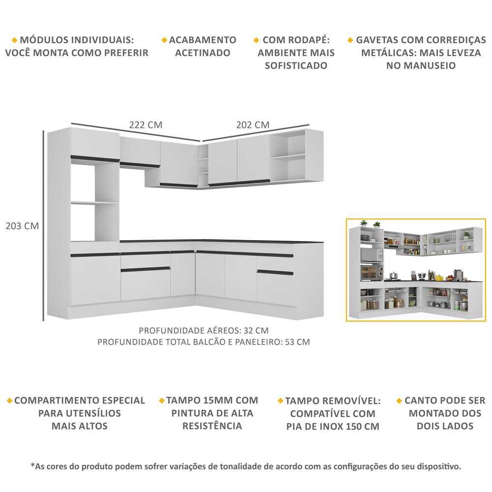 Armário de Cozinha Completa de Canto com Rodapé Veneza Multimóveis V2080  Branco/Preto